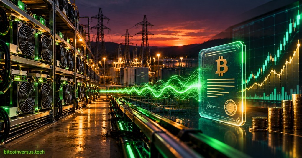 Editorial illustration of Bitcoin mining hardware connected to a tokenized financial contract and hashrate market charts