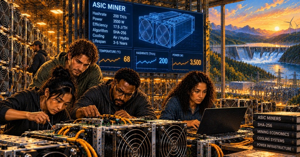 A diverse Bitcoin mining engineering team works around ASIC miners while performance metrics illustrate the relationship between hashrate, energy use, and mining difficulty.