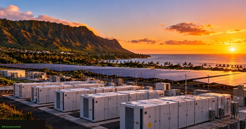 Photorealistic Hawaii coastal energy site with large battery storage enclosures, solar arrays, grid equipment, and a sunset over the ocean.