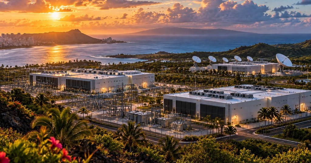 Rich original editorial artwork showing tropical island data center buildings, satellite dishes, transmission lines and coastal scenery at sunset