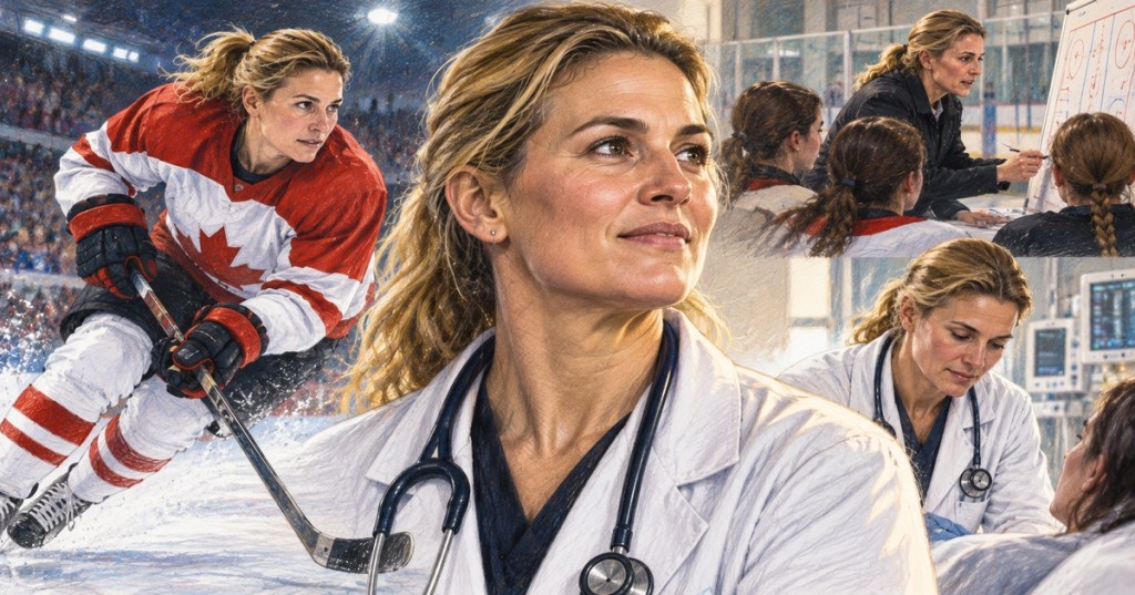 Colored-pencil editorial illustration of an Olympic hockey champion who became a physician.