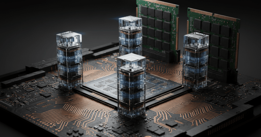 AI accelerator with stacked HBM packages and DDR5 server memory on a dark circuit board