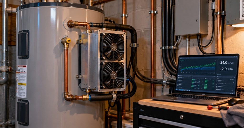 Editorial concept illustration of an electric water tank with a Bitcoin mining heat recovery attachment and a laptop showing 34 TH/s and 12 J/TH; not a photograph of the actual Bitwater product