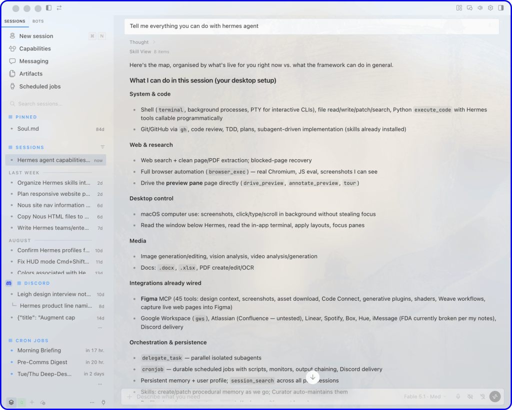 Official Nous Research screenshot of the Hermes Agent desktop application showing sessions, capabilities, tools, memory, and automation features.