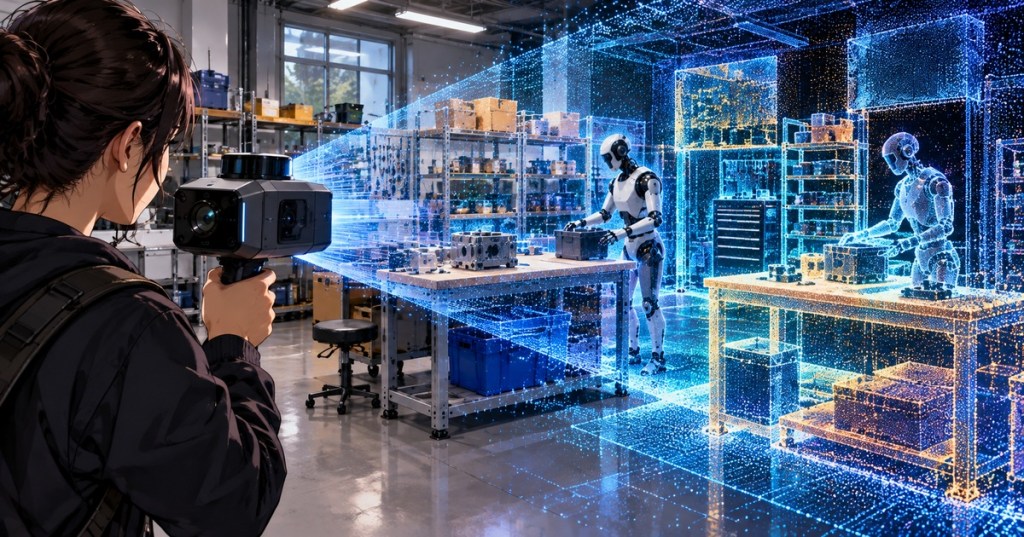 A robotics workspace being scanned into a detailed 3D point cloud for physical AI training.