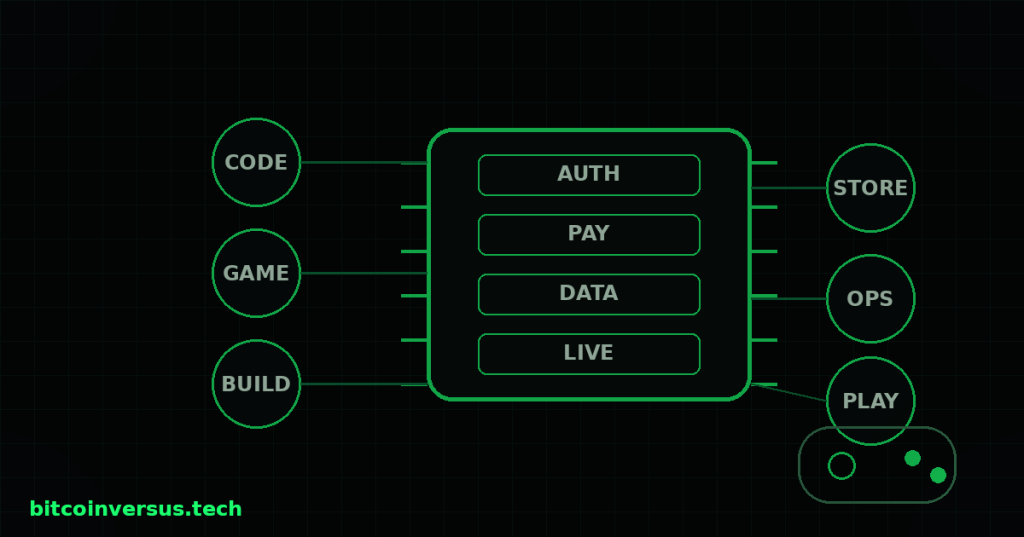 Minimal dark technical diagram showing a game backend hub connecting code, game, build, store, operations and play nodes.