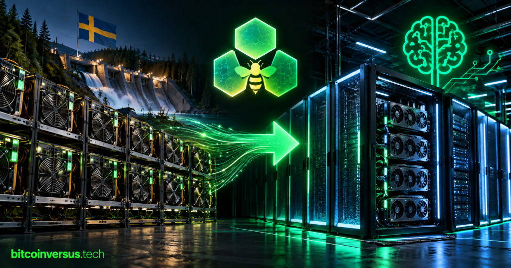 HIVE mining-to-AI infrastructure transition with Swedish hydro Bitcoin mining rigs, bee and honeycomb symbolism, and GPU data-center racks