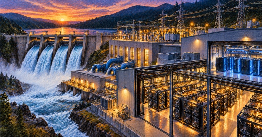 Original illustration of hydroelectric power feeding Bitcoin mining and AI data-center infrastructure.