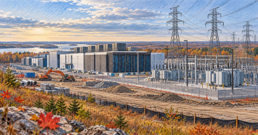 Conceptual illustration of an AI data center site beside a high-voltage provincial transmission corridor in Ontario.