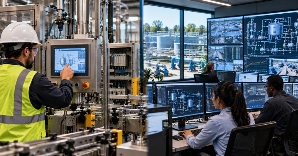 A diverse industrial automation team compares a local touchscreen HMI on the factory floor with a centralized SCADA control room monitoring a larger process.