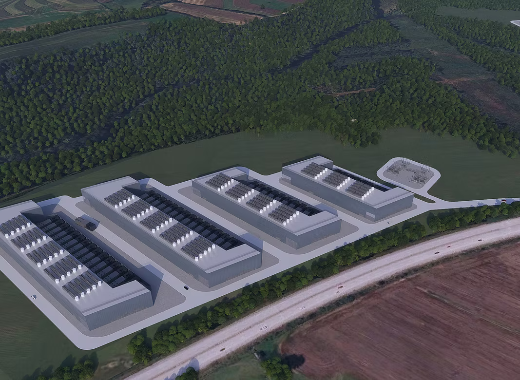Homer City Redevelopment's rendering of proposed data center buildings in a wooded industrial landscape