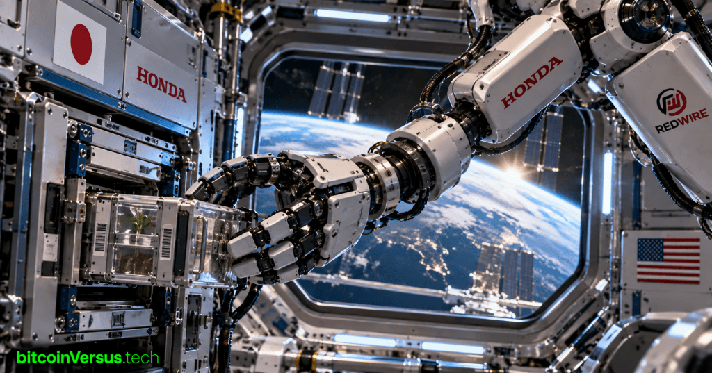 Photorealistic orbital laboratory concept showing a Honda-inspired dexterous robotic hand on a Redwire-inspired space arm handling an experiment sample, with Japan and U.S. symbols