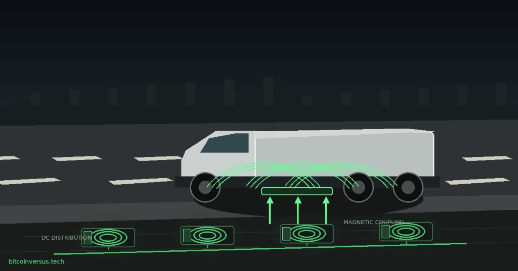 Electric freight truck driving over a highway with wireless charging coils embedded beneath the road.