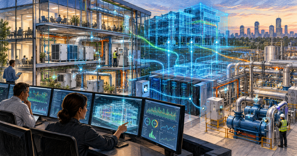 Colored-pencil editorial illustration of a smart building and industrial facility connected to digital twins, edge AI servers and control systems.