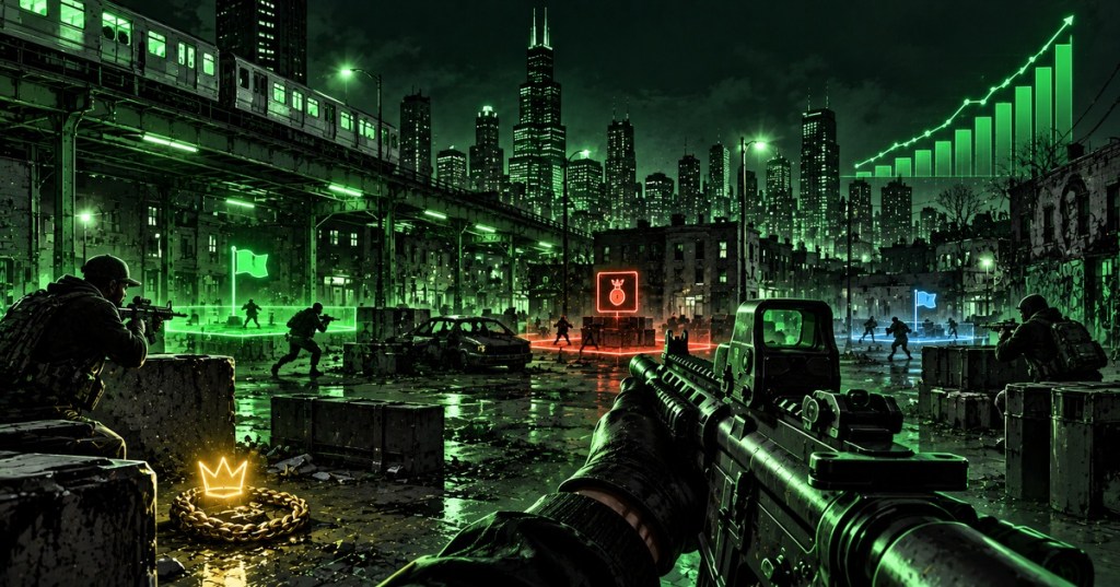 Story-specific editorial gaming image of a Chicago-inspired multiplayer FPS battlefield with elevated trains, turf-control zones, weapon combat and a rising player-count graph.