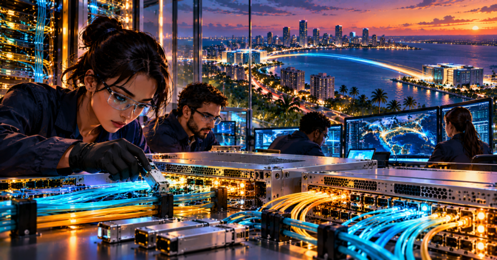 Detailed anime editorial artwork of a South Florida fiber network operations center with engineers connecting optical transceivers and network patch cables