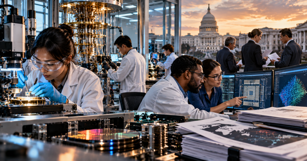 Photorealistic editorial image of advanced university research under U.S. policy scrutiny, with semiconductor and quantum equipment and the U.S. Capitol