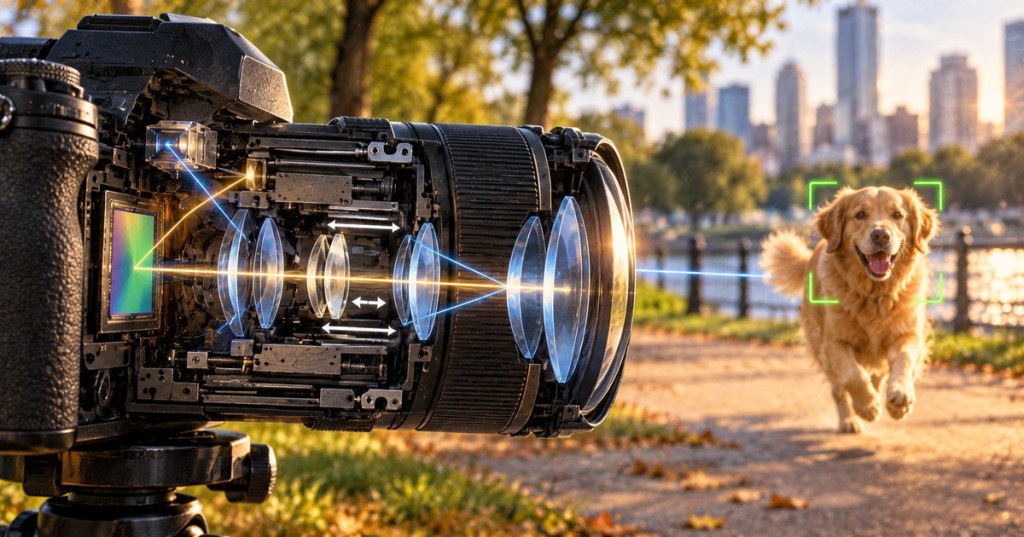 Photorealistic editorial cutaway of a modern camera focusing on a running dog, showing lens elements, image sensor, light paths and an autofocus box.