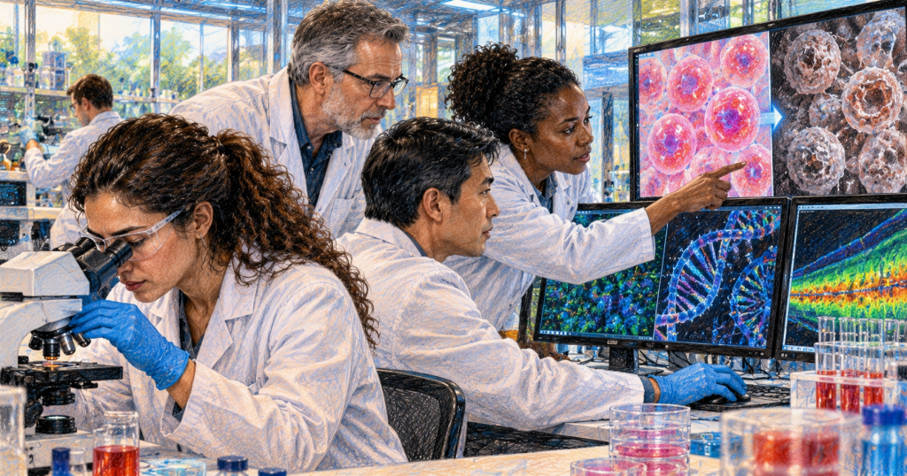 Diverse longevity researchers studying cells, DNA and tissue samples in a modern biomedical laboratory