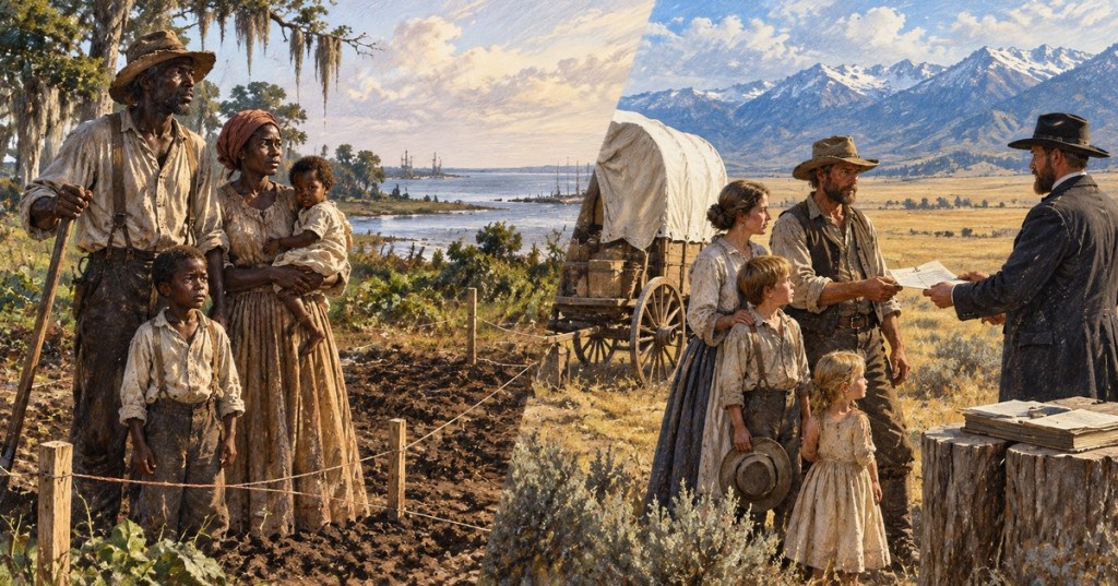 Historical editorial illustration contrasting a Black family on surveyed coastal Southern land with a white settler family receiving land in the American West.