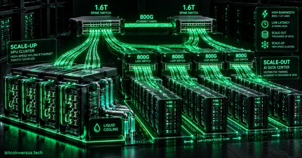 Neon-green AI data center network with 800G and 1.6T Ethernet switches connecting scale-up and scale-out GPU clusters.