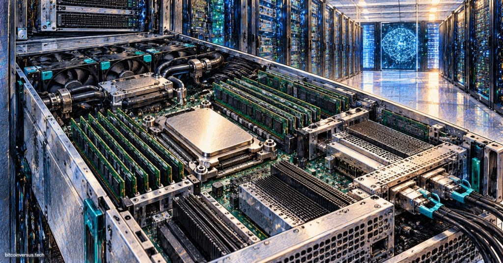 Colored-pencil illustration of a high-density data center server with dual CPUs, many DIMMs, cooling hardware, and rack infrastructure representing HPE ProLiant Gen13 and AMD EPYC Venice.