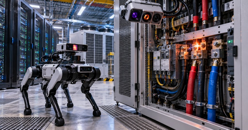 Photorealistic data center inspection scene with a quadruped robot scanning an overheated electrical connection using thermal and optical sensing.
