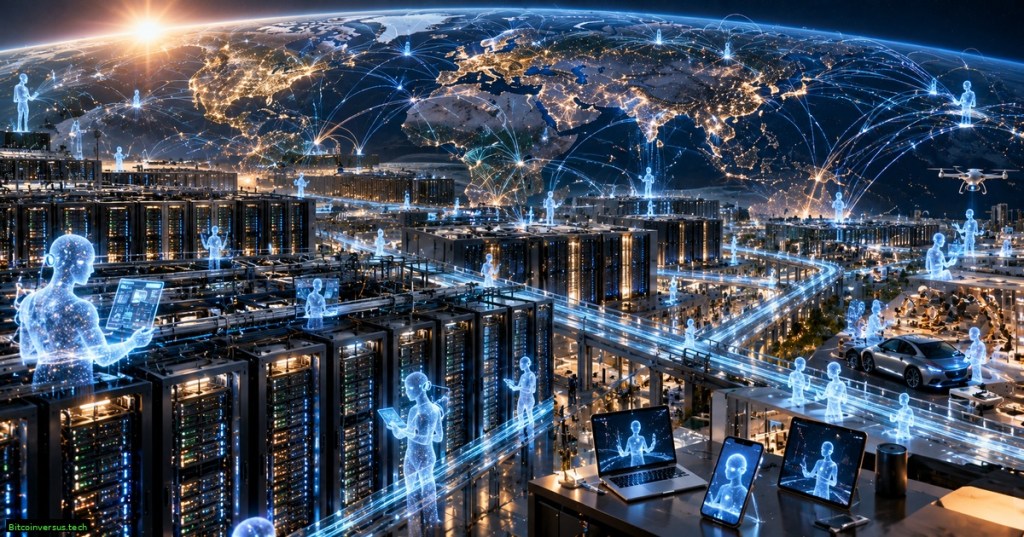 A futuristic global AI infrastructure scene with data centers, connected devices, robots, vehicles, and digital agents linked across a networked Earth.