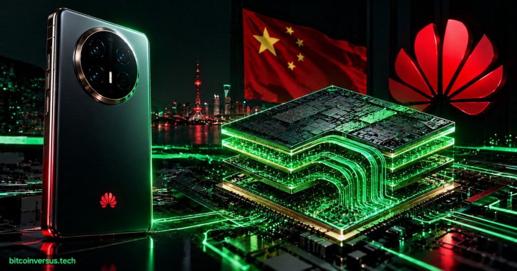Huawei Mate 90 smartphone beside a layered LogicFolding-style processor with China and Huawei visual elements