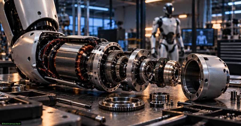 An exploded precision humanoid robot joint actuator showing motor windings, gears, bearings, shafts, and housings on a robotics engineering workbench.