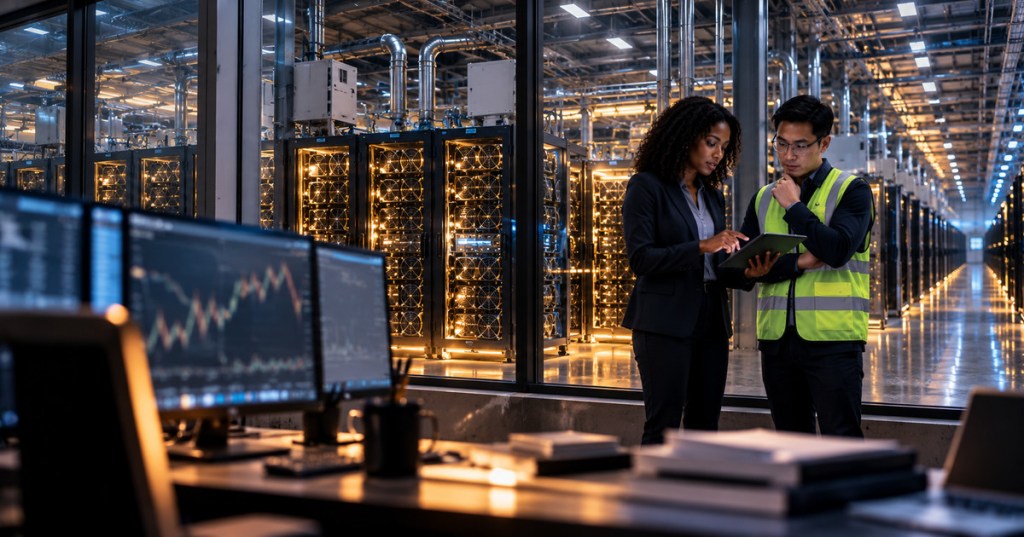 Two finance and infrastructure professionals examining a tablet from a control room overlooking rows of mining and AI server racks; editorial conceptual illustration.