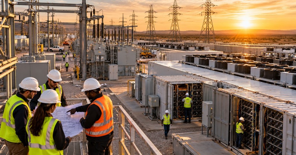 Engineers inspect a large Texas mining and data-center power site after Hut 8 won approval to acquire Poolin assets.