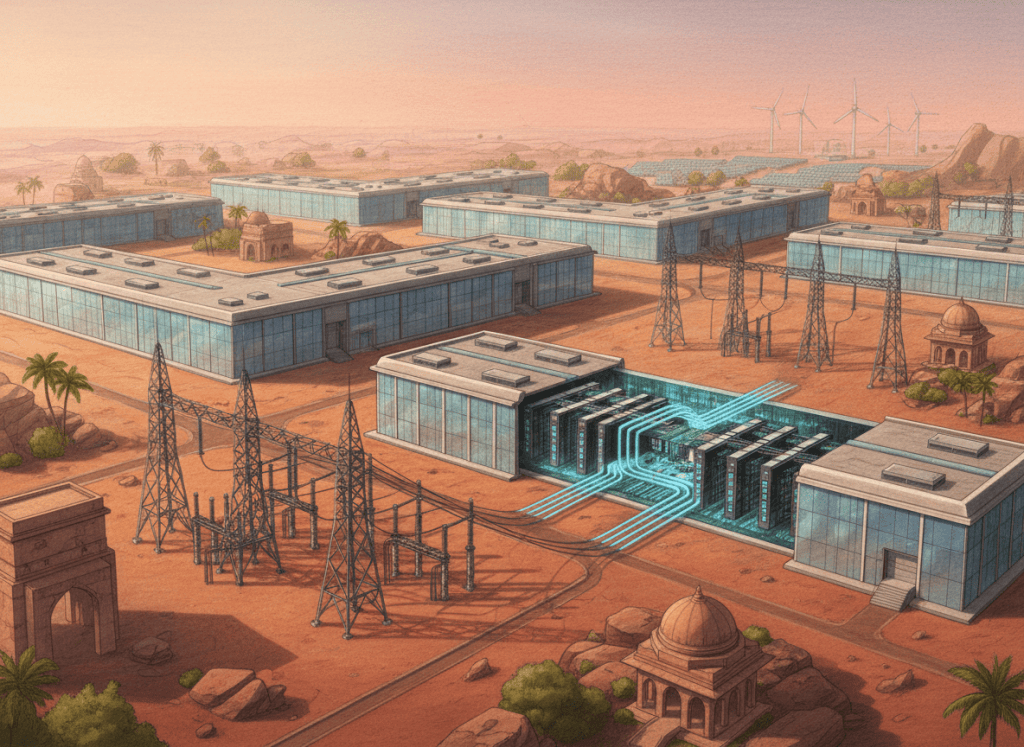 Color-pencil illustration of a planned gigawatt-scale liquid-cooled AI data center campus in Hyderabad