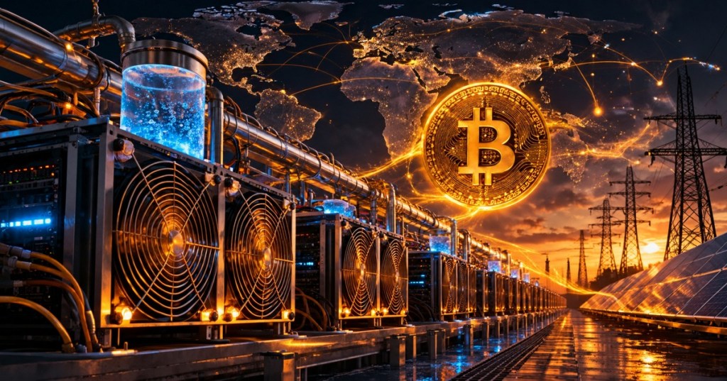 Futuristic Bitcoin mining infrastructure connected to global energy networks and a networked world map.