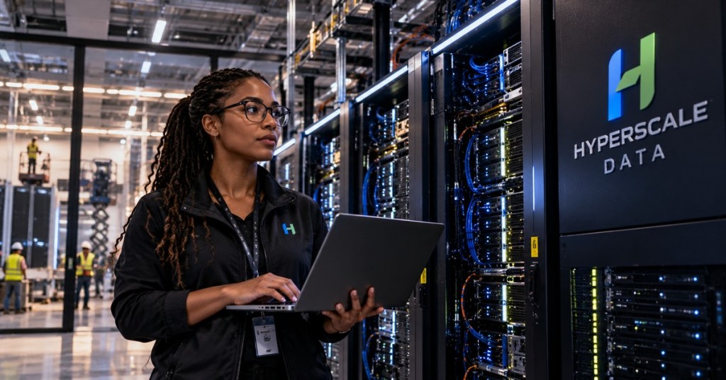 Black woman engineer using a laptop inside a Hyperscale Data-branded data center with active server racks