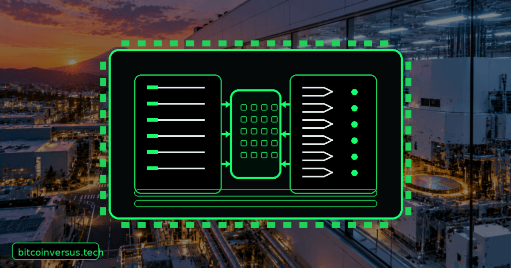 Technical editorial illustration of a server CPU core with two instruction streams converging on one execution engine, representing IBM's dual-ISA Arm and z/Architecture design.