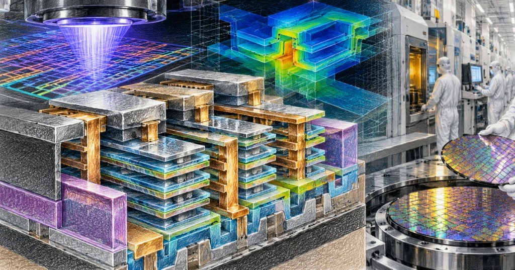 Colored-pencil illustration of vertically stacked nanosheet transistors, lithography, simulation, and semiconductor manufacturing.