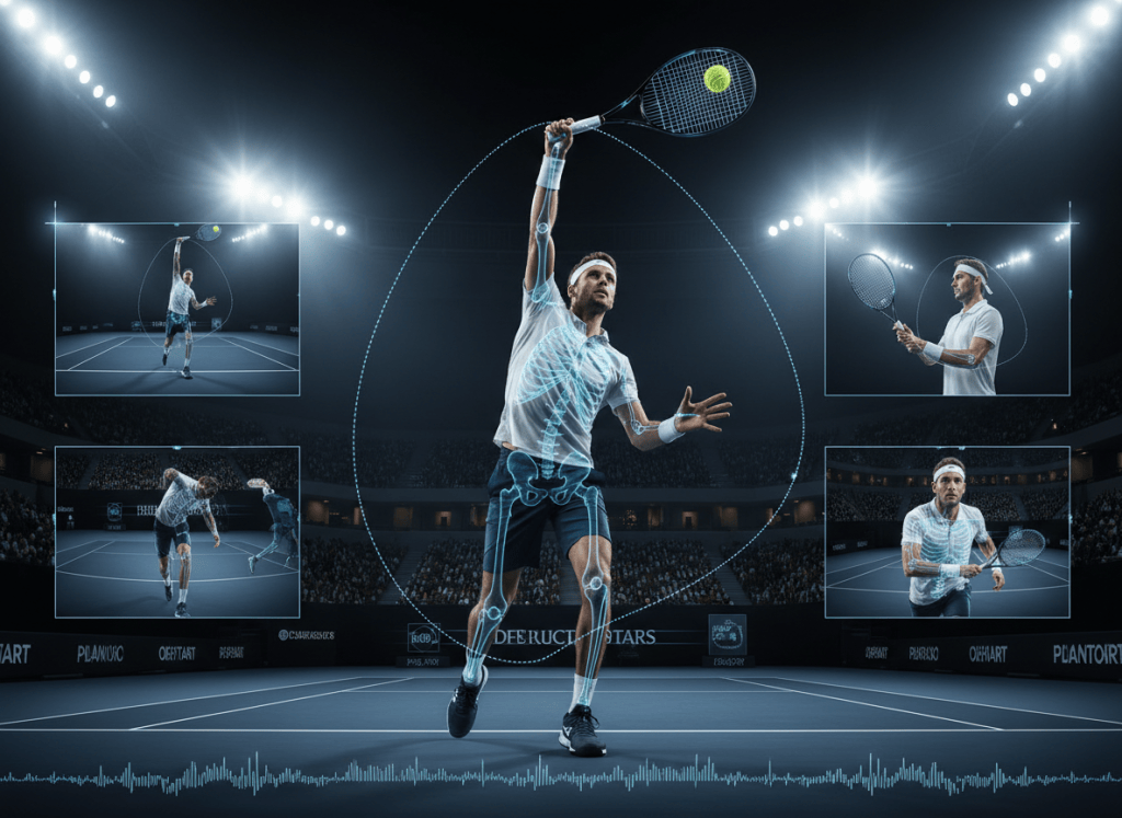 Professional tennis serve analyzed with computer-vision limb tracking and racquet motion data