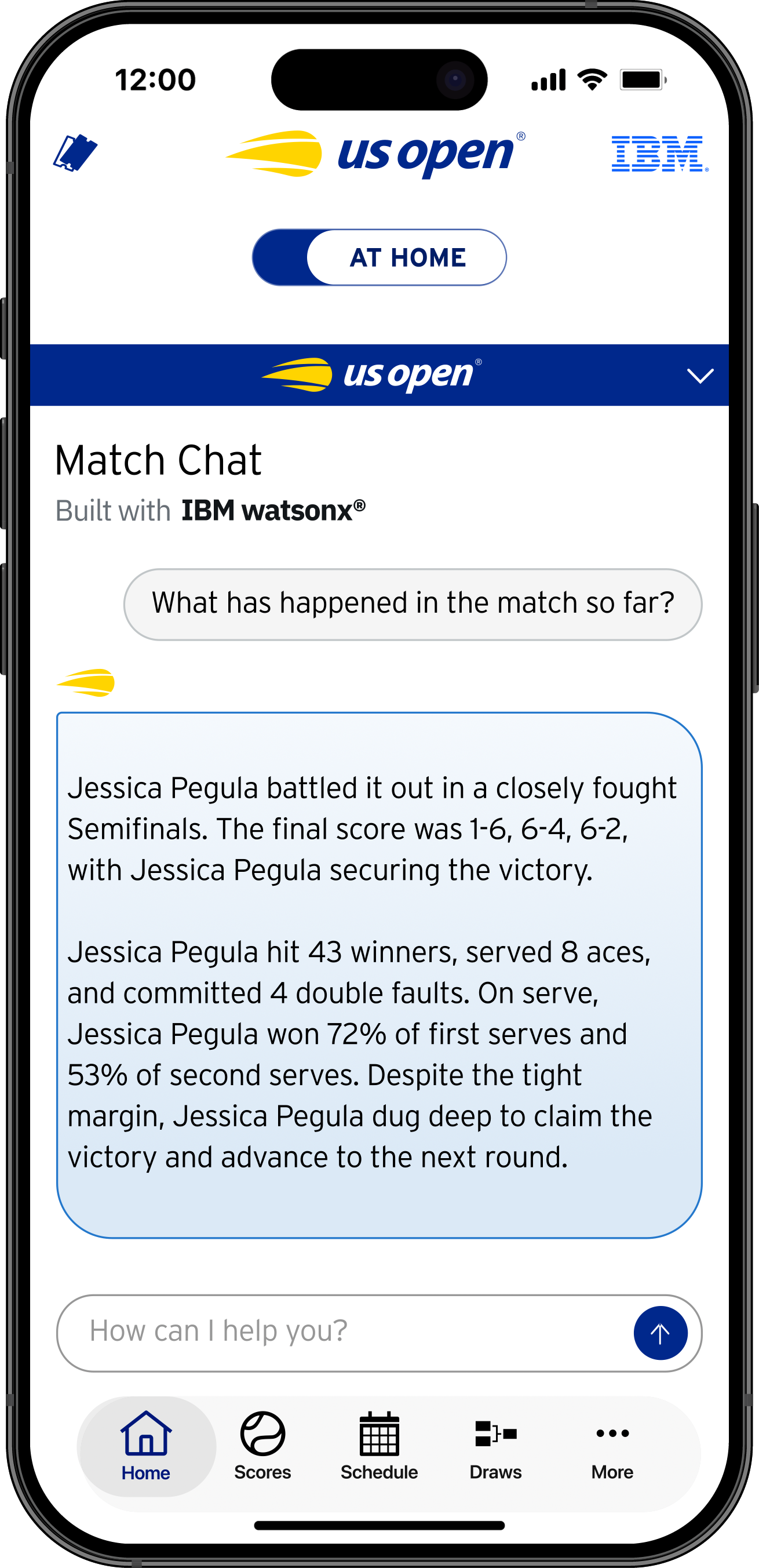Official IBM mobile app mockup of Match Chat answering a question about a tennis semifinal