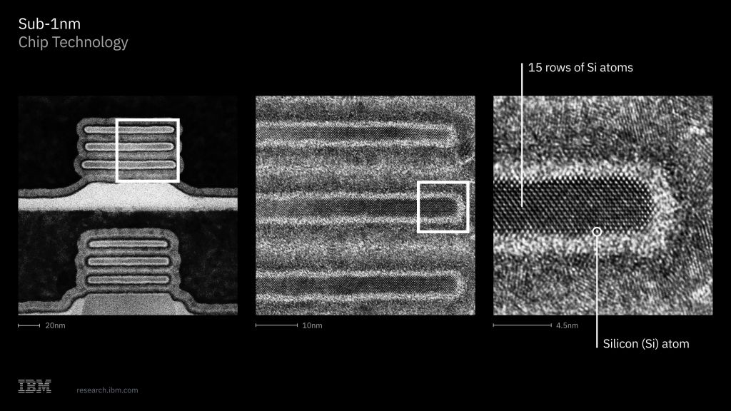 IBM Research transmission electron microscope image of the 7 angstrom NanoStack transistor structure.