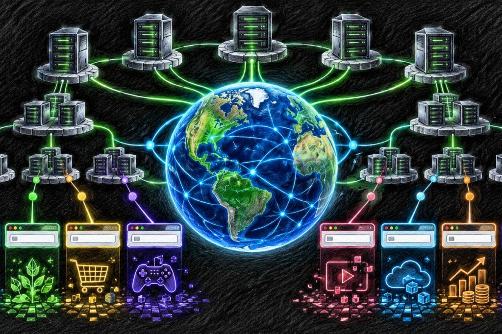 Colored-pencil network illustration showing servers branching into new domain categories around a connected globe.