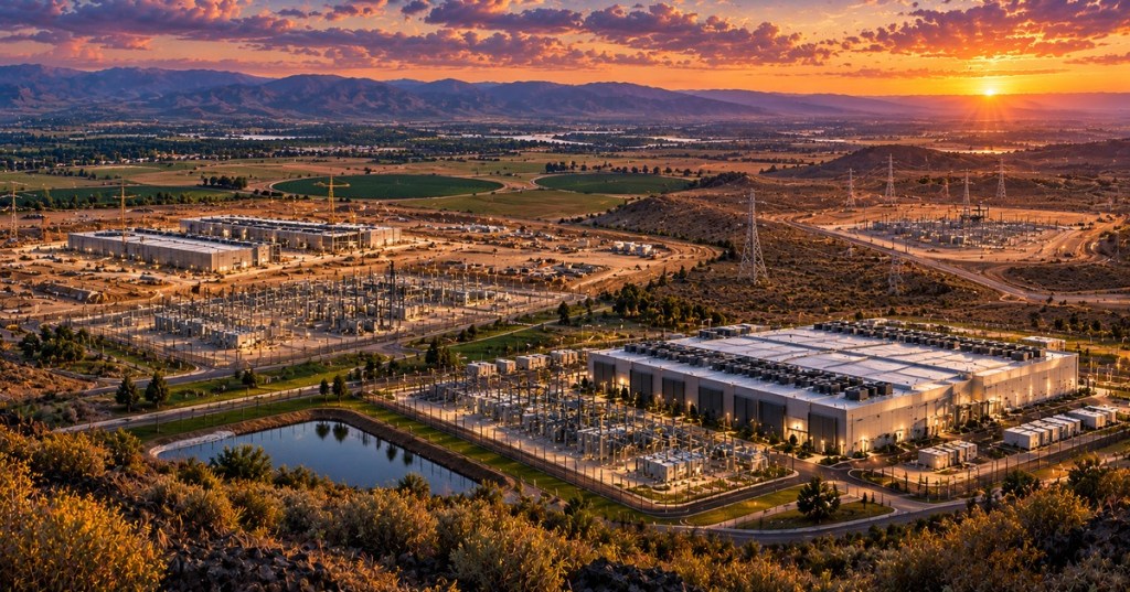 Detailed editorial illustration showing data centers, substations, irrigated fields and mountain ranges in Idaho at sunset