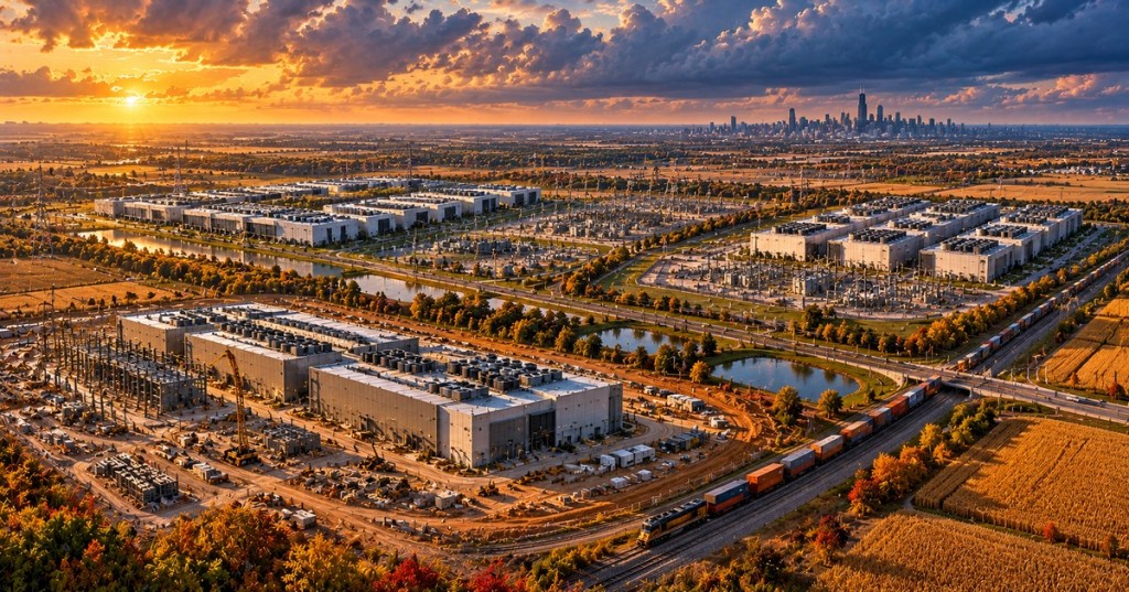 Original richly detailed editorial illustration of Illinois data centers, substations, farmland and Chicago skyline at sunset