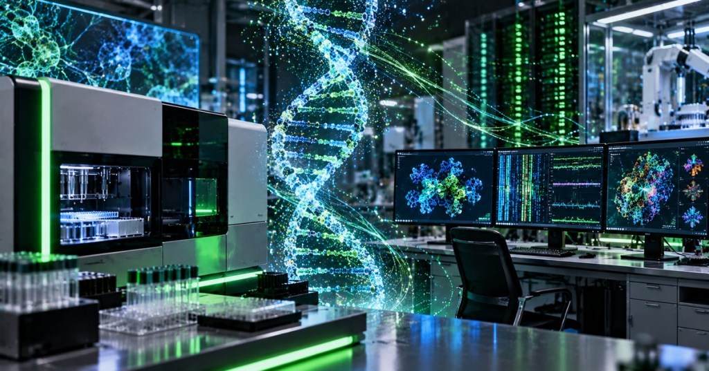 Futuristic genomics lab with DNA visualization, sequencing hardware and AI analysis displays representing Illumina BioInsight.