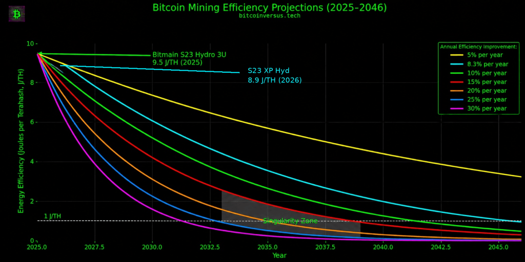 BitcoinVersus.Tech chart showing projected Bitcoin mining efficiency from 2025 to 2046, including the 8.3% annualized scenario and 1 J/TH Singularity threshold.