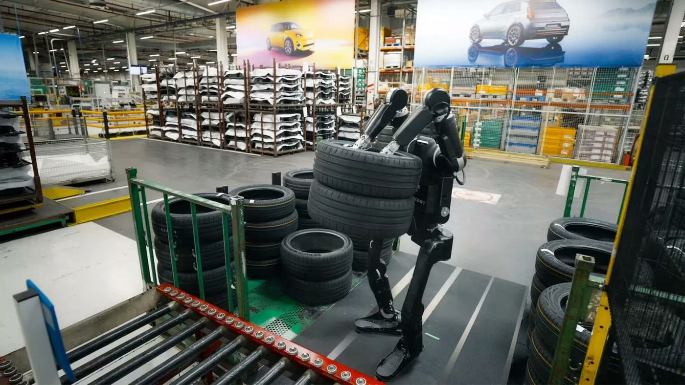 Wandercraft Calvin humanoid robot carrying tires at Renault manufacturing facility