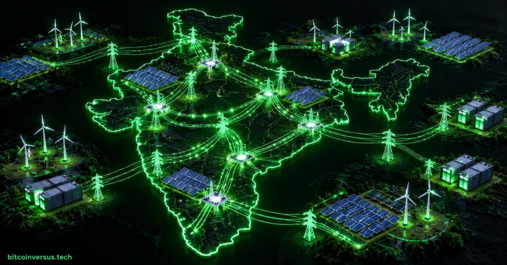 Neon-green map of India connected to transmission lines, substations, wind farms, solar arrays and battery storage representing Green Energy Corridor Phase III.