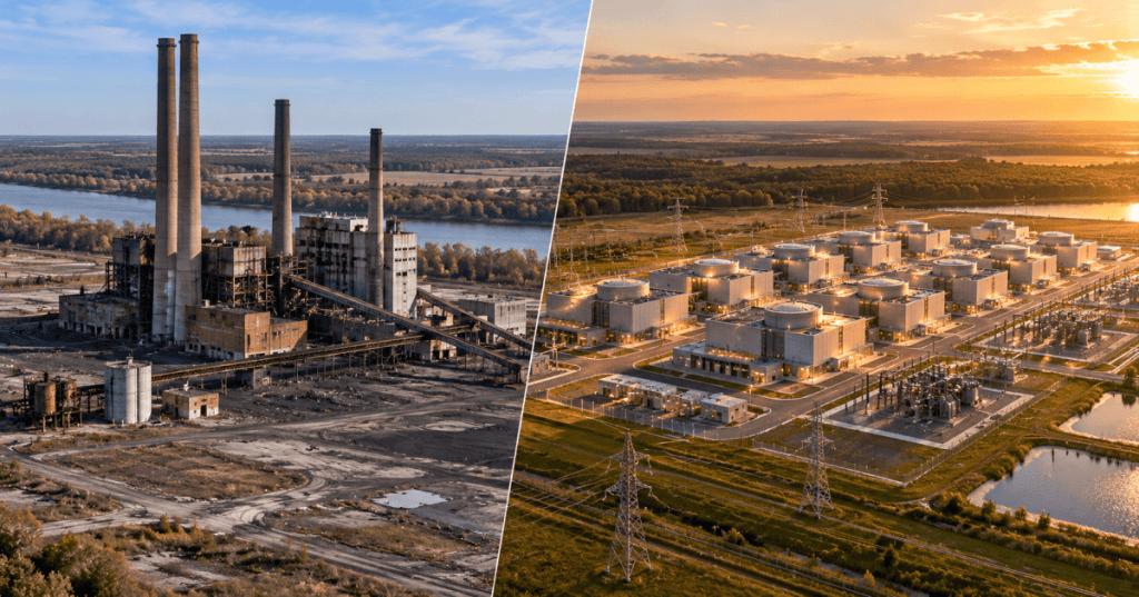 Split-screen editorial illustration: retired coal-fired generating station versus an imagined future campus of modular nuclear units; the proposed Indiana Xe-100 plant has not been built or approved