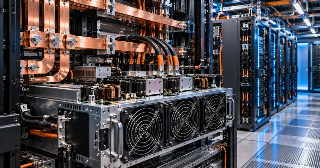Photorealistic AI data center rack power conversion hardware with copper busbars, cooling fans, and power electronics.