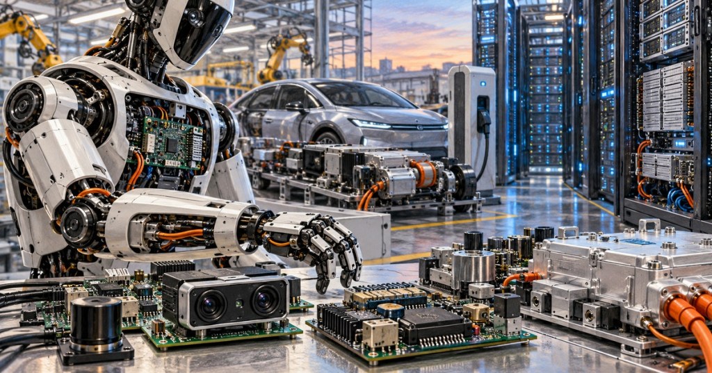 Editorial illustration connecting robotics, edge AI, vehicle electronics and AI data-center power hardware.